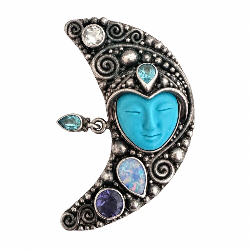 Sajen 925 Sterling Silver Moon Face Blue Goddess Multi Gem Brooch Pendant